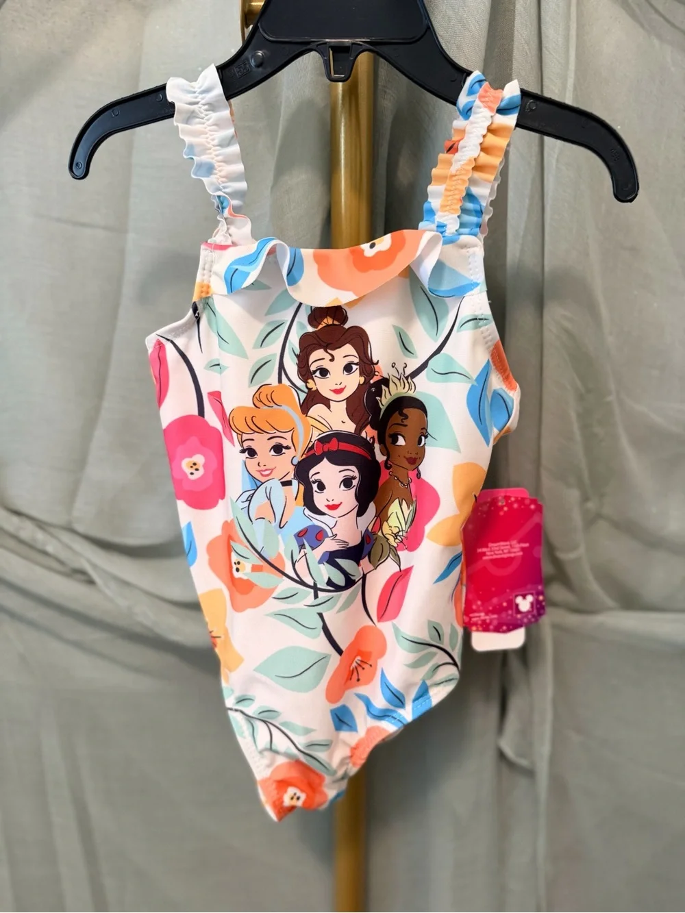 Disney Princess Girls Ruffled One-Piece Swimsuit in White, Blue & Orange